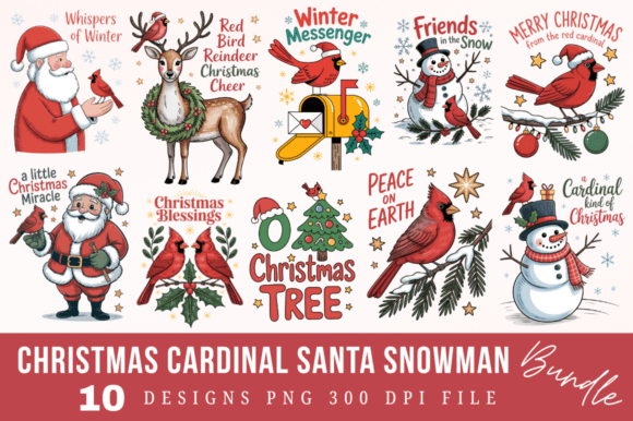 Christmas Cardinal Santa Snowman PNG Des: Illustrations