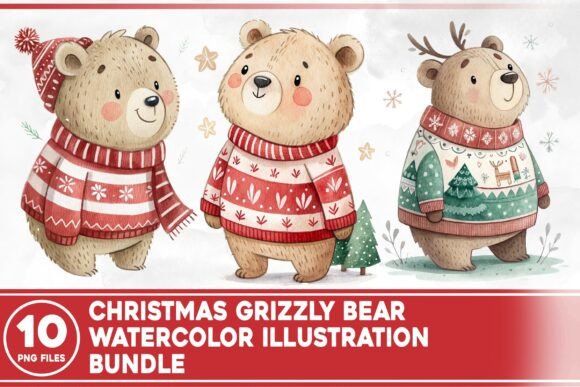 Christmas Grizzly Bear Watercolor Bundle Illustrations