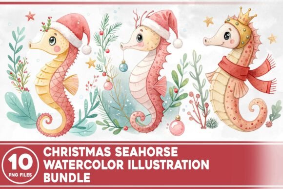 Christmas Seahorse Watercolor Dragon Illustrations