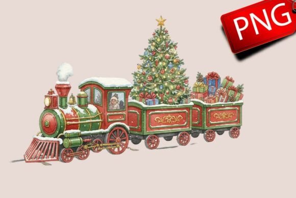 Christmas Vintage Steam Train Clipart: Branding & Illustrations