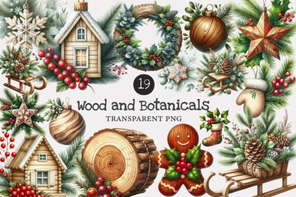Christmas Wood & Botanicals Clipart Illustrations