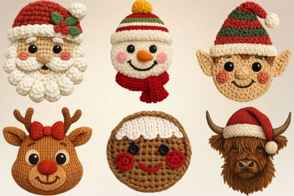 Crochet Yarn Christmas Faces PNG Bundle: Festive Illustrations