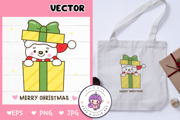 Cute Polar Bear in Christmas Gift Kawaii Illustrations