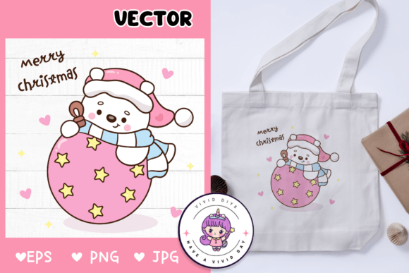 Cute Polar Bear on Christmas Ball Kawaii Illustrations