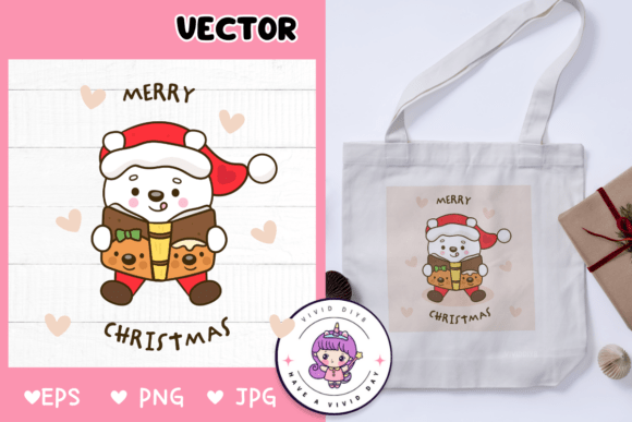 Cute Polar Bear Read Christmas Book Illustrations