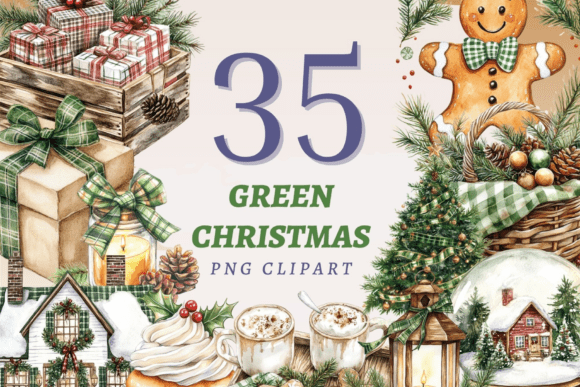 Green Christmas PNG Bundle: Festive Illustrations