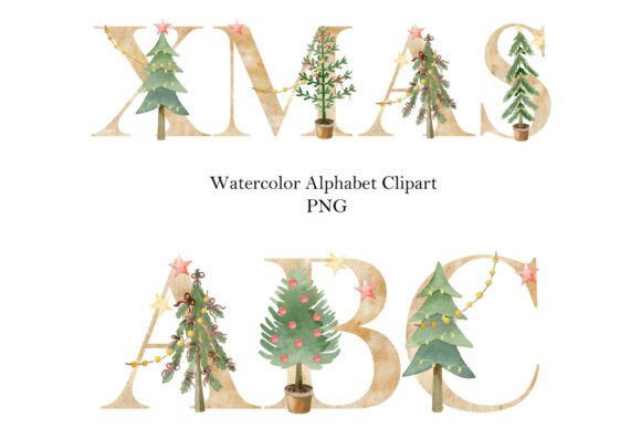 Watercolor Christmas Trees Alphabet Illustrations